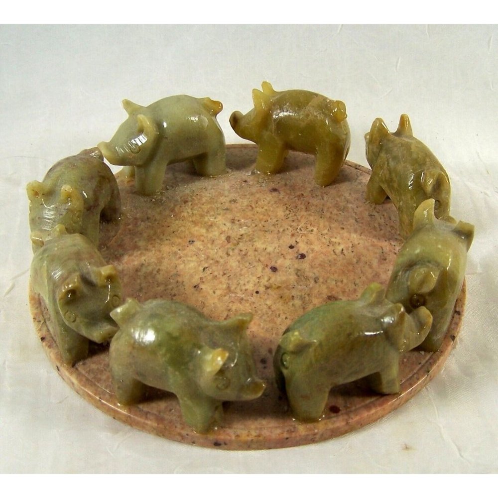 Carved Stone Circle of Pigs Figurines Collectible Pillar Candle Holder 4 1/2"